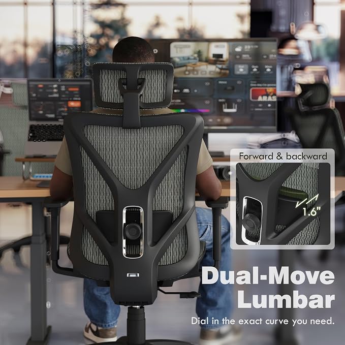 ELABEST T23 Ergonomic Mesh Office Chair, High Back Computer Desk Chair, Breathable AirMesh with Dual-Move Lumbar Support, 3D Armrests & Headrest, Tilt Lock, Big and Tall for Home Office((Eucalyptus)
