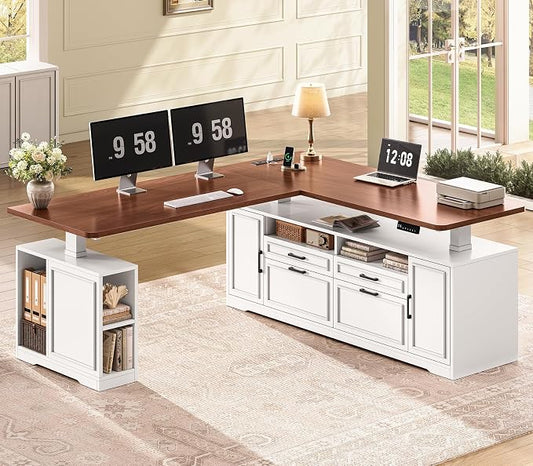 SEDETA Farmhouse L Shaped Electric Standing Desk, 69" x 55" Height Adjustable Office Executive Desk with 4 Drawers and Storage Shelves, Sit Stand Computer Desk with Power Outlet, White and Brown