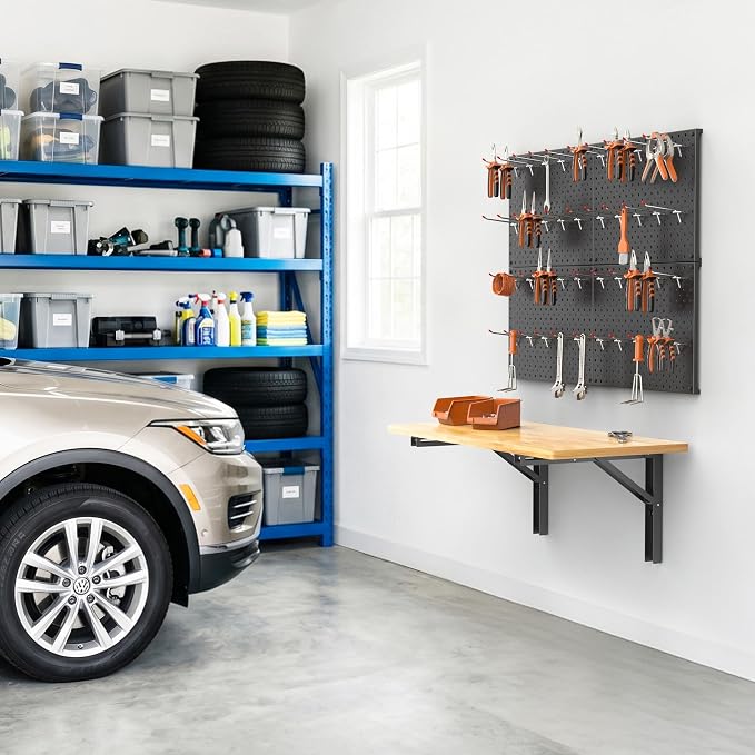TORACK Heavy Duty Wall Mounted Folding Workbench with Pegboard Kit, Space-Saving Collapsible Wall Table/Desk for Garage Workshop, Holds Up to 150 lbs(Board Size: 31.5 x 15.75 in)