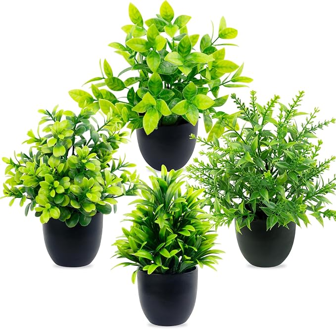 4 Pack Fake Plants Mini Artificial Potted Plants for Home Office Desk Decor, Small Faux Greenery with Black Pots, Assorted Fake Grass & Leaf Plants for Indoor Shelf Bathroom Kitchen Decoration