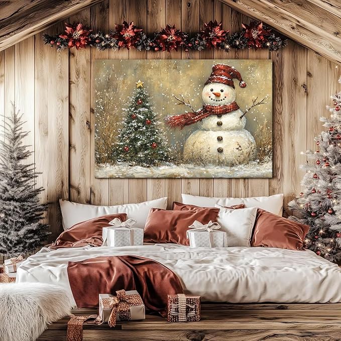 Vintage Christmas Canvas Wall Art Farmhouse Style Painting Home Decoration 32x48in,Christmas Tree Poster Funny Snowman Picture Print Retro Winter Snowy Artwork for Living Room Bedroom Ready to Hang
