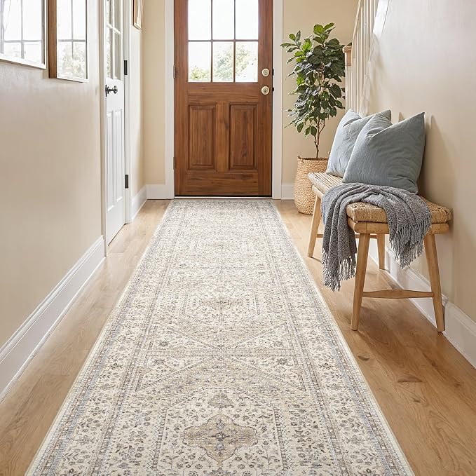 2x10 Runner Rug for Hallway Washable: Non Slip Kitchen Rugs with Rubber Backing Soft Waterproof Wide Mats Stain Resistant Low Pile Carpet for Entryway Bedroom Bathroom Laundry Home Decor Beige/Gray