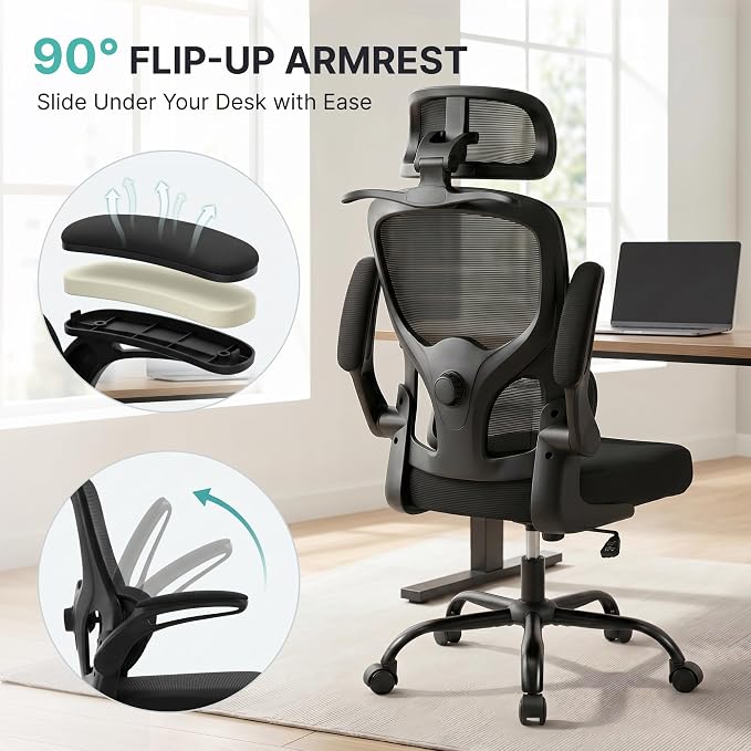 Ergonomic Office Chair, 330lbs Mesh Desk Chair with Adjustable Lumbar Support, 3D Headrest and Flip-Up Arms, Comfortable High Back Computer Chair for Home Office