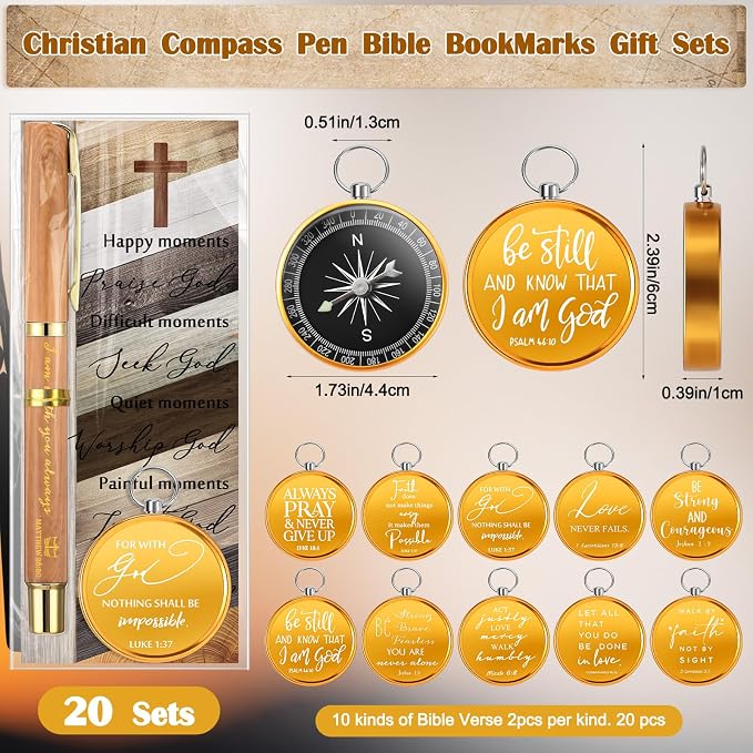 Spakon Christian Gifts for Men Religious Baptism Church Inspirational Bible Verse Engraved Compass Bamboo Pen Bookmark Christian Gifts for Pastor Father Sunday School Father's Day