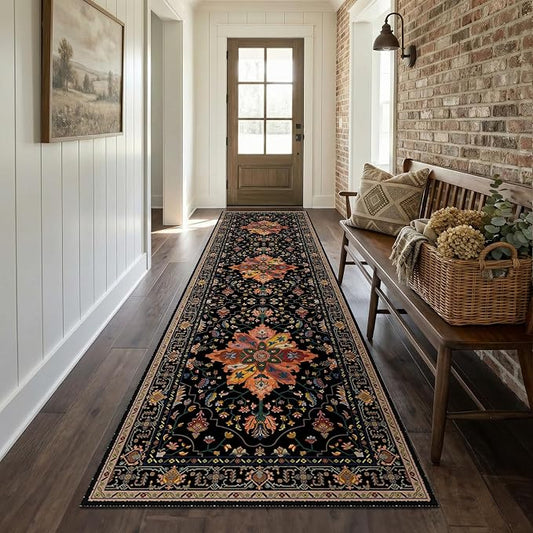 RELEANY Area Rugs Runner 3'x10' Washable Non-Slip, Floral Vintage Distress Medallion Carpet for Kitchen Hallway Bedroom Beside Laundry Room Bathroom, Black Colorful Floral Dark Tan