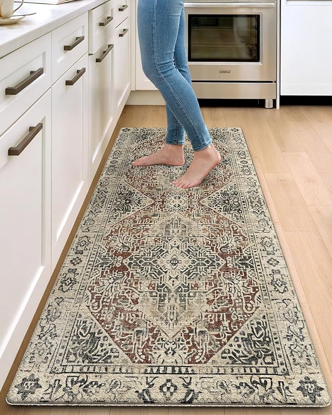 DEXI Kitchen Mats for Floor Cushioned, 23x59 Extra Large Wide Runner Rug Non Slip, Waterproof Soft Comfort Standing Padded Anti Fatigue Decorative, Cream Red