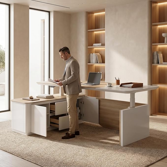 SAINTCY 86" L Shaped Standing Executive Desk with Drawers and Shelves,White Electric Adjustable Height Desk with Charging Station and Privacy Panel for Home and Office, Light Walnut