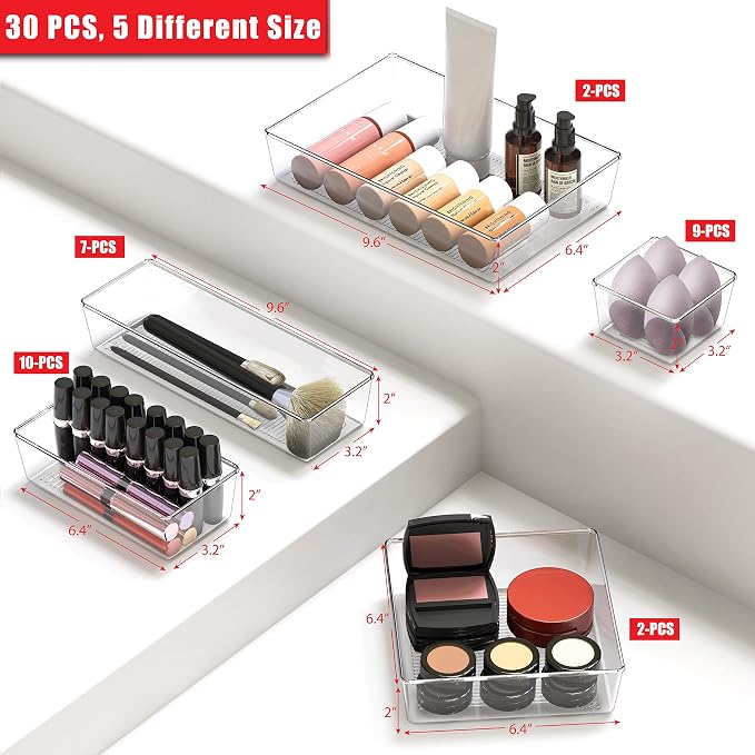 Simple Houseware 30 PCS Clear Plastic Drawer Organizers Set, 5-Size | for Makeup, Bathroom, Bedroom and Office