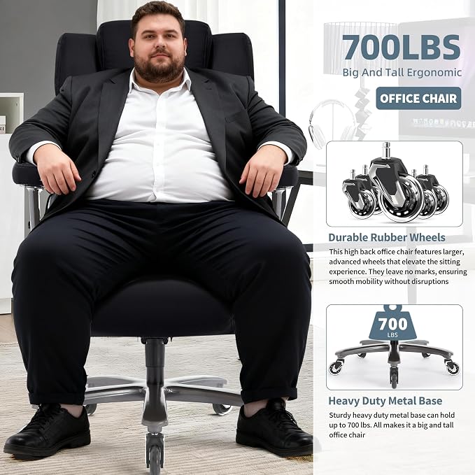 Big and Tall Office Chair 700lbs- High Back Executive Computer Desk Chair with 3D Flip-Up Arms, Adjustable Lumbar Support, Extra Wide Plus Size Seat, Heavy Duty Metal Base & Quiet Rubber Wheels