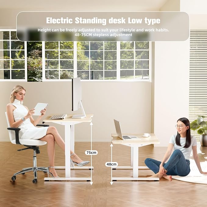 ERGOMAKER Low Height Adjustable Desk with Lockable Wheels, Lifts 18.9"-29.5", 31.5" x 23.6" Electric Small Standing Desk with Splice Board for Home Office & Short People(White Frame, Gold Oak Desktop)