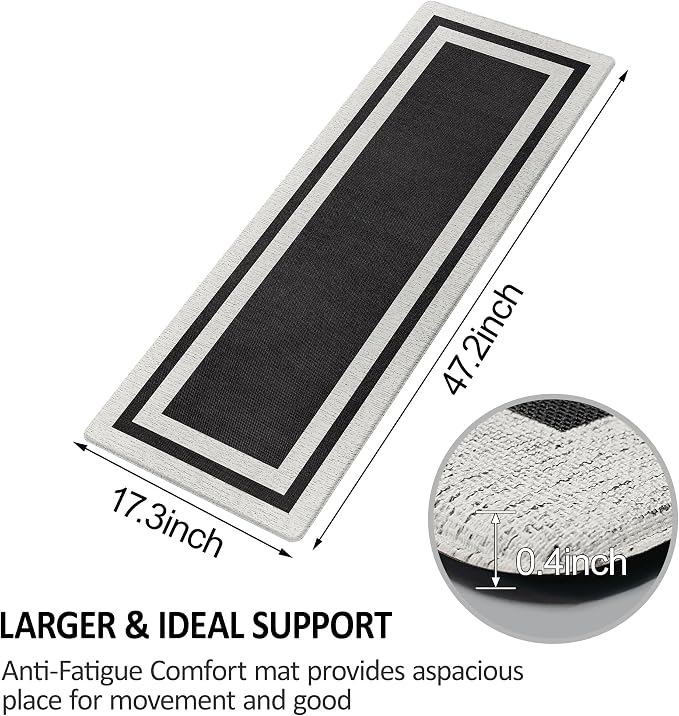 Anti Fatigue Kitchen Mats Memory Foam Cushioned Rugs Non Skid Kitchen Rugs Comfort Standing Desk Mats for Floor, Office, Home, Laundry Room Waterproof & Ergonomic Black 17.3 Inch x 47.2 Inch