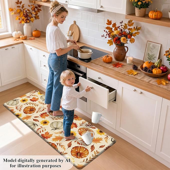 HEBE Fall Kitchen Mat Set of 2, Anti Fatigue Pumpkin Kitchen Mats for Floor | Cushioned Non Slip Autumn Kitchen Rugs and Runner Set, Waterproof Sunflower Maple Leaf Floor Carpet for Harvest Thanksgiving