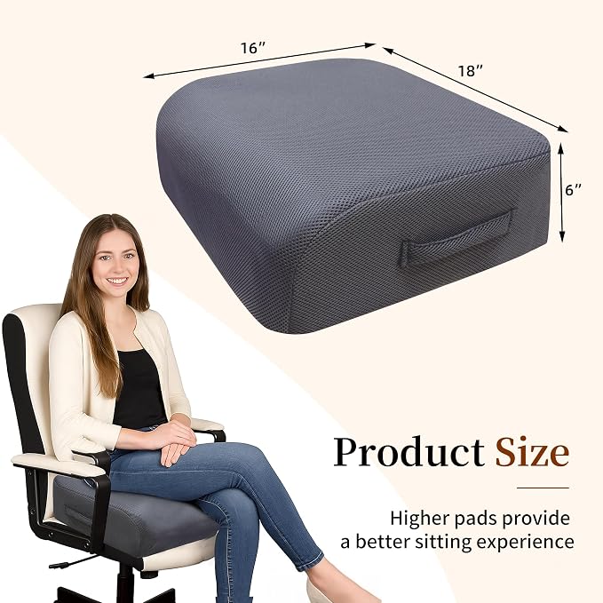 6" Extra Thick Memory Foam Office Chair Cushion – 2-Layer Booster Seat for Back & Tailbone Pain Relief, 18 x 16 x 6in Non-Slip Cushion with Carry Handle for Wheelchair, Car, and Airplane