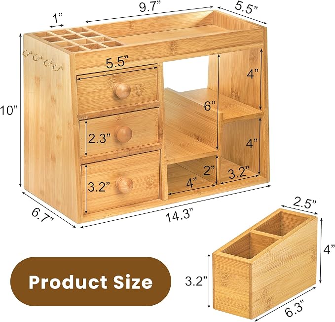 Elsjoy Large Countertop Bamboo Makeup Organizer with 3 Drawers, 12-Grid Lipstick Holder, Jewelry Hanging Hooks, Makeup Brush Holder, Desktop Wood Cosmetic Organizer Stand for Vanity