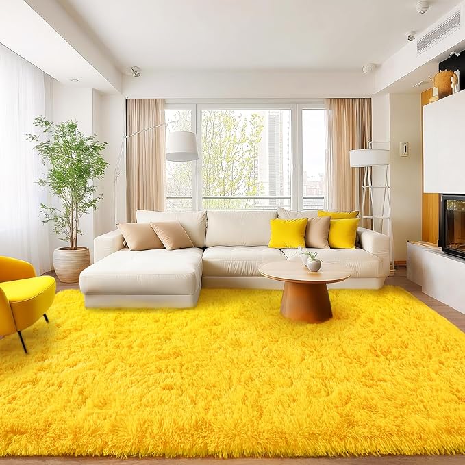 Area Rugs for Living Room Bedroom 9x12, Ultra Fluffy Shag Rug Modern Washable Carpet Soft Shaggy Non Slip Indoor Plush Fuzzy Rugs for Bedroom Dorm Office Home Aesthetic Decor, Yellow