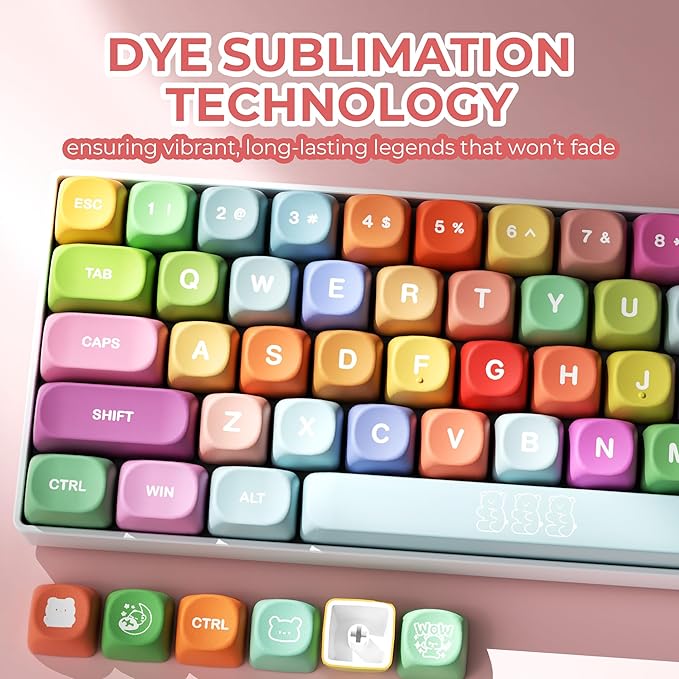 XVX Cute PBT Keycaps, Rainbow Gummy Bear Keycap Set MOA Profile, Dye-Sublimation Keyboard Keycaps Suitable for 60% 65% 75% 80% 96% 100% Layout Mechanical Keyboard with MX Switches