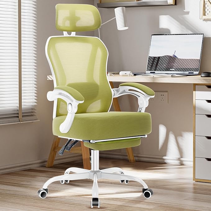 Ergonomic Office Chair with Footrest,Ultra Thick Desk Chair,Green | 150°Reclining,Mesh High Back,Adjustable 2D Lumbar Support and Headrest,4.8" Spring Cushion,Premium Computer Chair for Adults