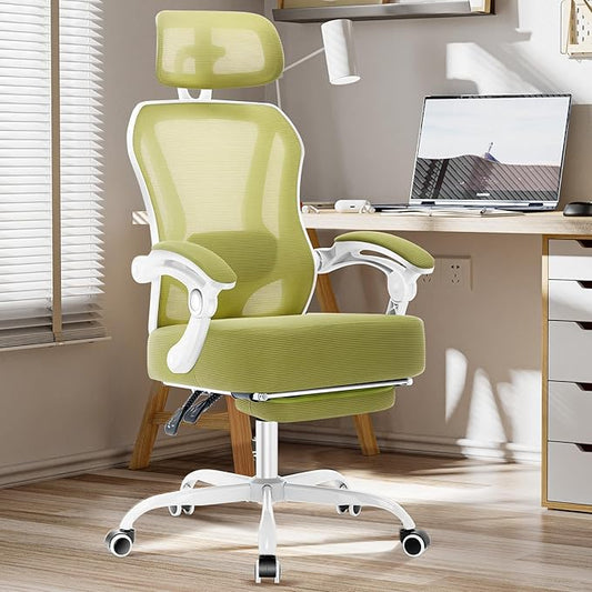 Ergonomic Office Chair with Footrest,Ultra Thick Desk Chair,Green | 150°Reclining,Mesh High Back,Adjustable 2D Lumbar Support and Headrest,4.8" Spring Cushion,Premium Computer Chair for Adults