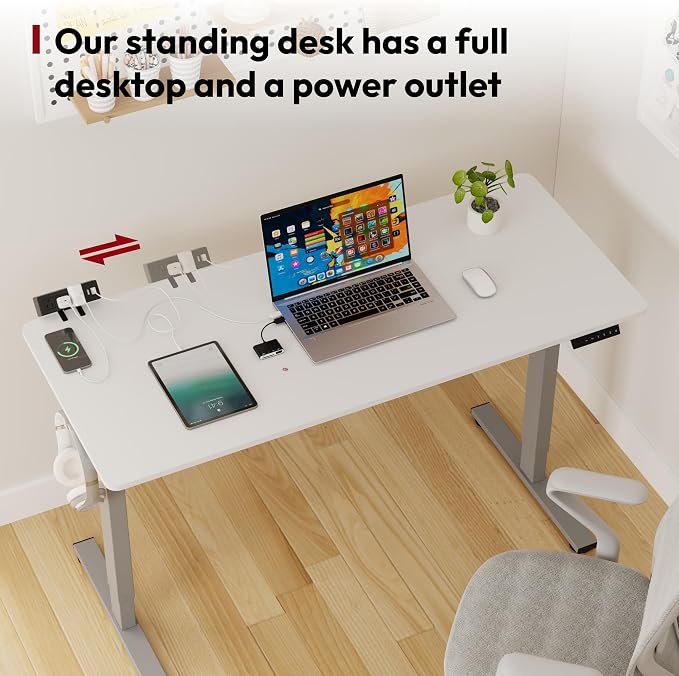 SANODESK Electric Standing Desk with Desk Clamp Power Strip 55"x 28" Whole-Piece Desktop Height Adjustable Stand Up with Cable Management Sit Stand Home Office Desk Silver Frame/White Top