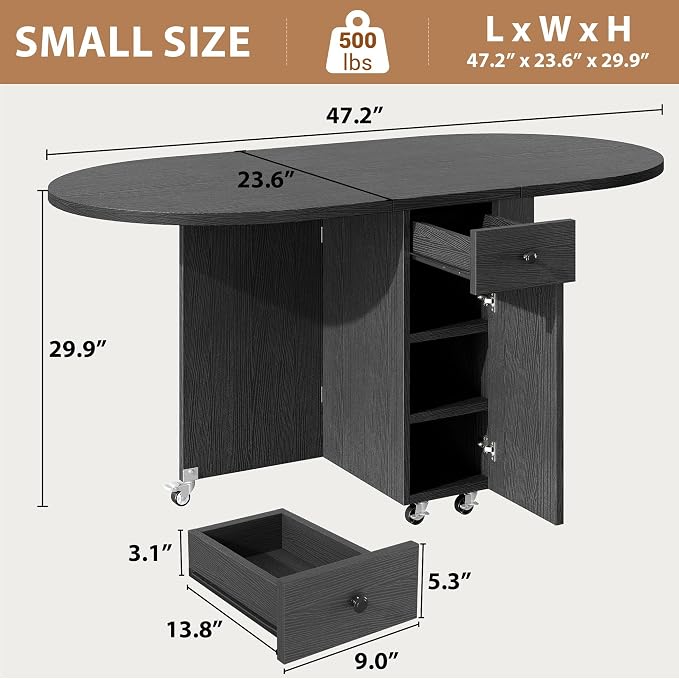 Jocoevol Round Folding Dining Table for 4, Space Saving Drop Leaf Kitchen Table with Storage Drawer, 6 Wheels Oval Gateleg Foldable Dining Table for Small Spaces(Black 47 * 23.6 * 30)