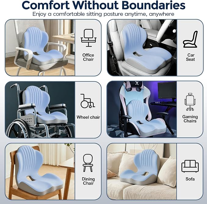 Seat Cushion for Office Chair Car, L-Shaped Ergonomic Seat Cushions,Memory Foam Orthopedic Cushion with Coccyx Hollow,Lumbar Support & Tailbone Pain Relief for Car, Truck, Home,Blue & Gray