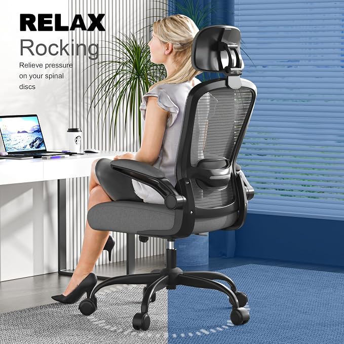 Mimoglad Office Chair, High Back Ergonomic Desk Chair with Adjustable Lumbar Support and Headrest, with flip-up Armrests for Guitar Playing, 5 Years Warranty (Modern, Dim Gray(Black Frame))