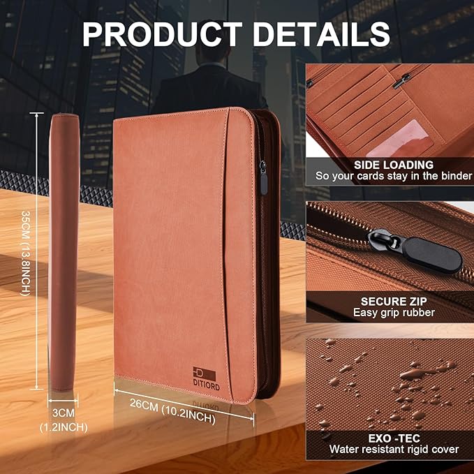 Premium Vegan Leather Portfolio Organizer Business Folder - Zippered Padfolio with Zipper Closure Pad Holder Compatible with Legal Pads 8.5 x 11 Inch for Women & Men (Brown)