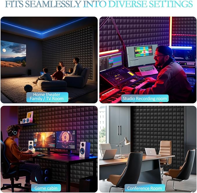 JBER 24 Pack 2" X 12" X 12" Acoustic Foam Panels,Soundproofing Wall Studio foam Panels wedges,Sound Insulation Absorbing Acoustic Treatment,9 Blocks Beveled Mushroom Fireproof Design - Black