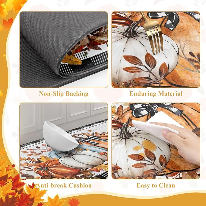 SHACOS Fall Anti Fatigue Kitchen Mats Pumpkins Gnome 17x27.5+17x47 | Orange Maple Black White Checkered Autumn Harvest Cushioned Kitchen Rugs Sets of 2 Non Slip Kitchen Floor Mat