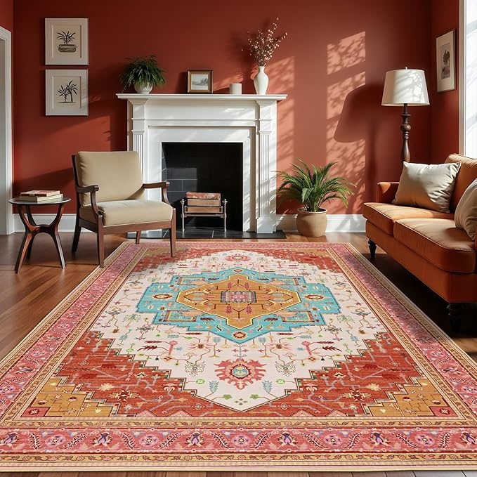 Macgace 5x7 Orange Pink Area Rug for Living Room, Machine Washable Rugs with Non-Slip Backing for Bedroom, Vintage Medallion Carpet Dining Room Office Kids Room Decor