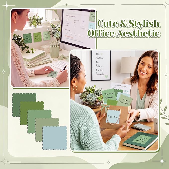 Epakh 10 Pack Scalloped Sticky Notes Bulk 3"x3" Cute Aesthetic Memo Pads 5 Gradient Colors Wavy Self Notepads for Office Study and Daily Life Organization, 300 Sheets(Green)