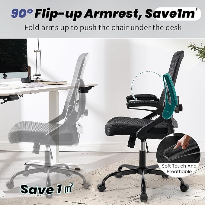 Executive Office Chair with Adjustable Lumbar Support Flip-Up Arms,Black | Desk Chair Breathable Mesh Comfy Computer Chairs with Flip-up Armrests Executive Task Chair for Adults Home Office,400lbs