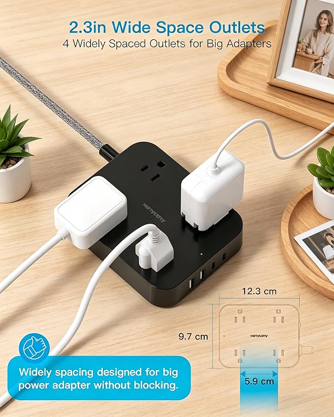10 Ft Braided Extension Cord with Ultra-Thin Flat Plug, 4 Widely Spaced Outlets & 4 USB Ports (2 USB C), Non-Surge Protector Power Strip for Cruise Ship, Travel Essentials, Home Office, Black