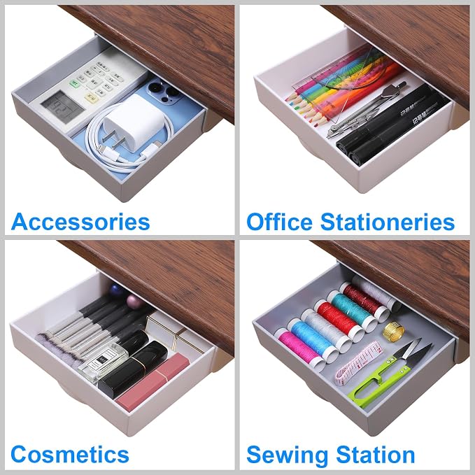 2 Pack Under Desk Drawer Self-Adhesive Desktop Storage Organizer, Hidden Attachable Slide Out Desk Drawer, Under Table Tray for Pencil Pen Stationery Office Organization, White