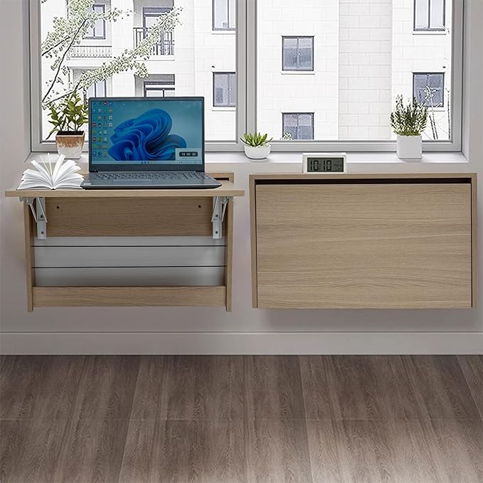 Wall Mounted Folding Table, Floating Wall Desk Fold Down for Small Spaces, Wall Mount Desk for Home Office Computer Workstation,Study Work Bench, Kitchen Dining (24.8 * 16.3inch, Wood Color)