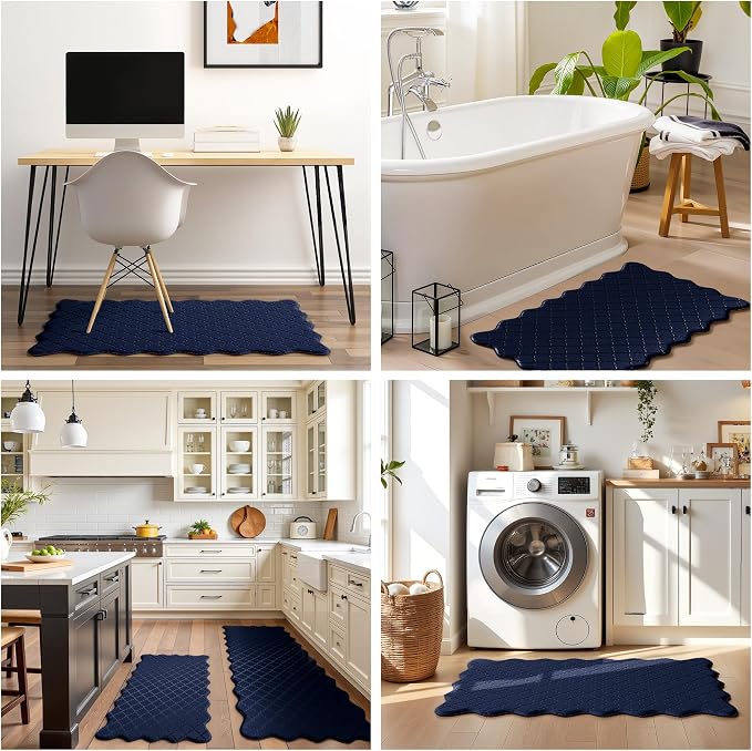 Arenarug Upgrade Scalloped Embossed Kitchen Mats for Floor 2PCS Cushioned Anti Fatigue Waterproof Foam Kitchen Rugs Non Slip Washable Comfort Standing Mat for Sink Laundry, 17.3"x30"+17.3"x47", Navy
