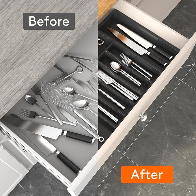 Lifewit Silverware Drawer Organizer, Expandable Utensil Tray for Kitchen, BPA Free Flatware and Cutlery Holder, Adjustable Plastic Storage for Spoons Forks Knives, 13-22 x 15", Black