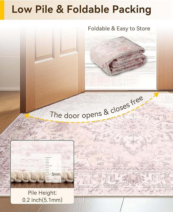 RELEANY Area Rugs 7'x10' Washable Non-Slip, Floral Vintage Distress Medallion Carpet for Living Room Bedroom Dining Room, Pink Greypink Cute