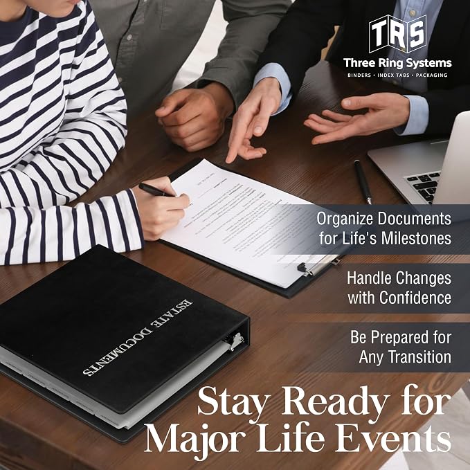 TRS Estate Planning Binder Kit – Pre-Labeled Tabs, Sheet Protectors | 1.5" D-Ring Faux Leather Organizer for Wills, Trusts, Power of Attorney & End-of-Life Planning | Black with Silver