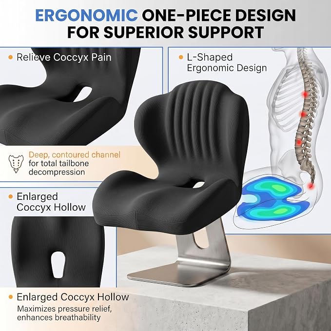 Ergonomic Memory Foam Seat Cushion with Back Support, Contoured for Office Chair, Car, Gaming, and Wheelchair, Breathable & Washable Cover, Black