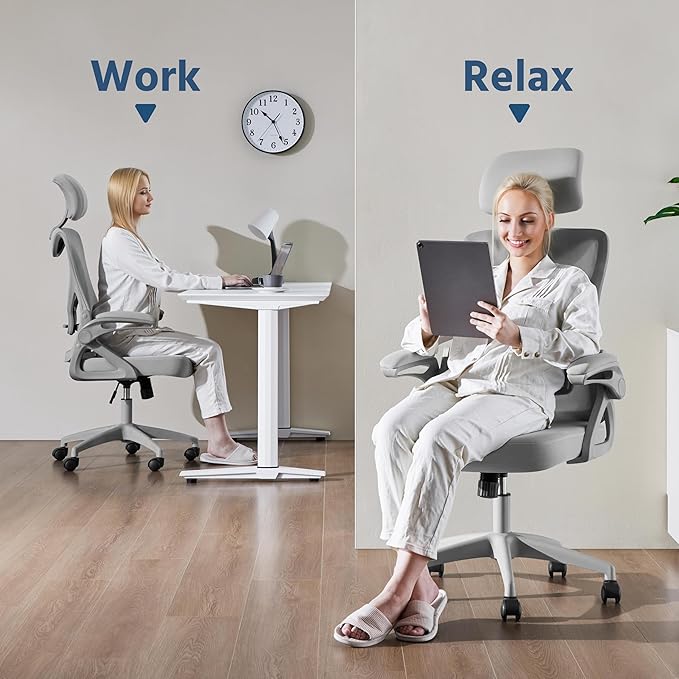 Yaheetech Ergonomic Mesh Office Chair, High Back Desk Chair with with flip-up Armrests, Adjustable Padded Headrest Computer Chair with Lumbar Support for Home Oiffce Game Room, Full Gray