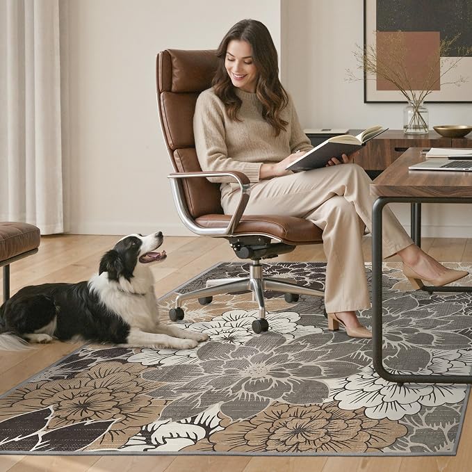 36"x48" Office Chair Mat for Hardwood Tile Floor, Under Desk Carpet Protector for Rolling Computer Chair Mat, Machine Washable Area Rug, Anti-Slip 1/5" Thick Low Pile Thin Vinyl Floor Mat, Grey Beige