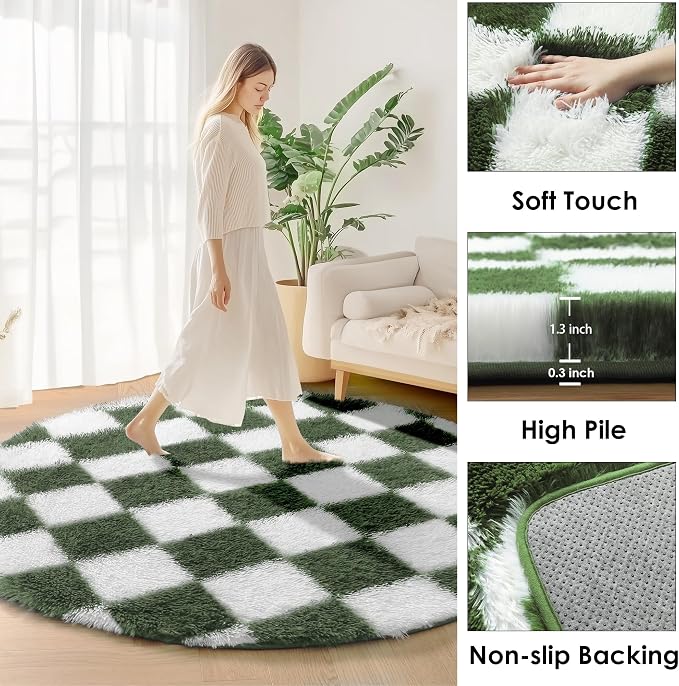 KICMOR Round Rugs 5ft Olive Green and White Circle Area Rug, Fluffy Soft Fuzzy Shag Shaggy Bedroom Living Room Carpet, Indoor Checkered Circular Rug for Kids Boys Girls Home Decor Aesthetic, Nursery
