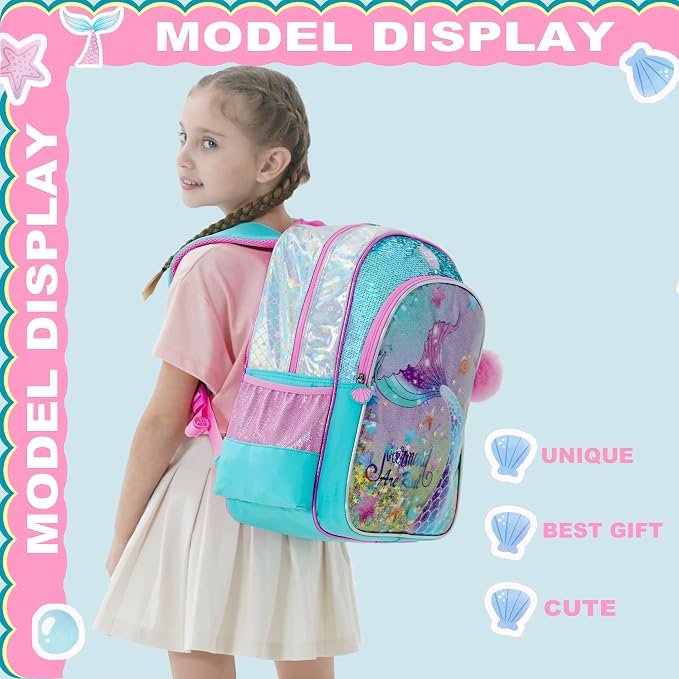 Mermaid Backpacks for Girls Kids School Cute Bookbag for Kindergarten Elementary Sequin School Backpack for Girls Lightweight SchoolBag with Lunch Box