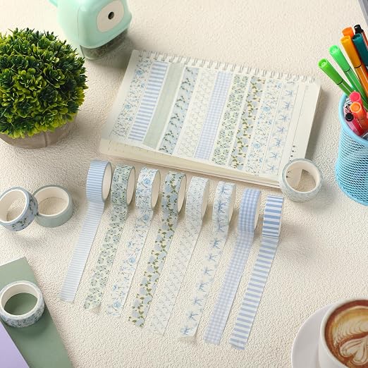 12 Rolls Watercolor Floral Washi Tape Set 15 mm Vintage Flower Decorative Masking Tape for Summer School Arts DIY Craft Scrapbook Journal Supplies Gifts(Dusty Blue,Rose and Hydrangea)