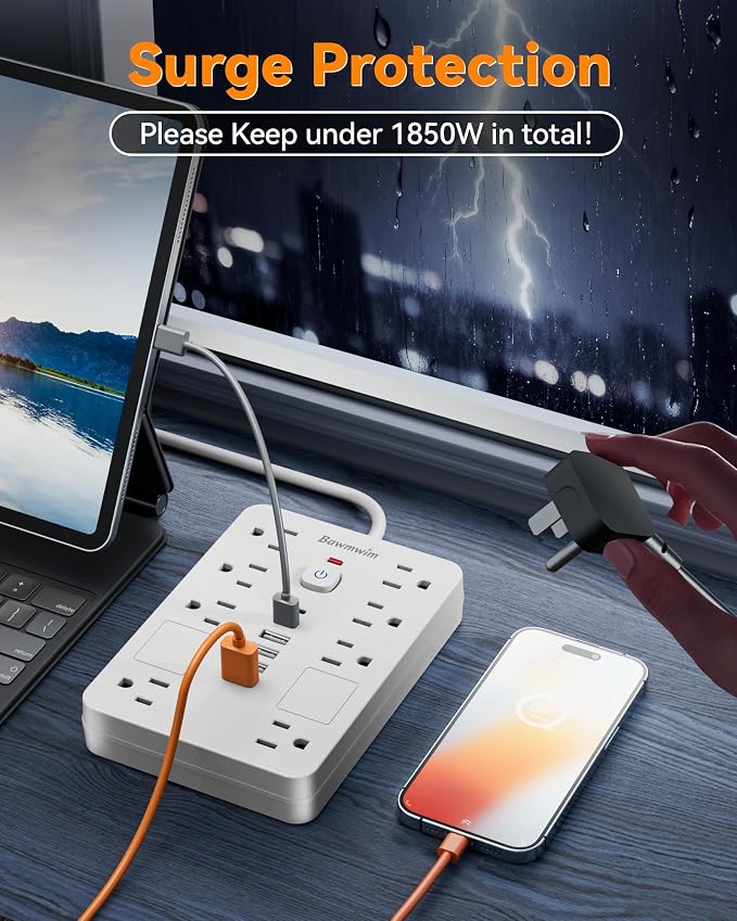 Surge Protector Power Strip - 8 Outlets(1850W/15A/14AWG) with 6 USB Ports（2 USB C, 10FT Flat Plug Extension Cord, Wall Mount Multi Plug Outlet Extender, ETL Listed for Home, Dorm Room, White