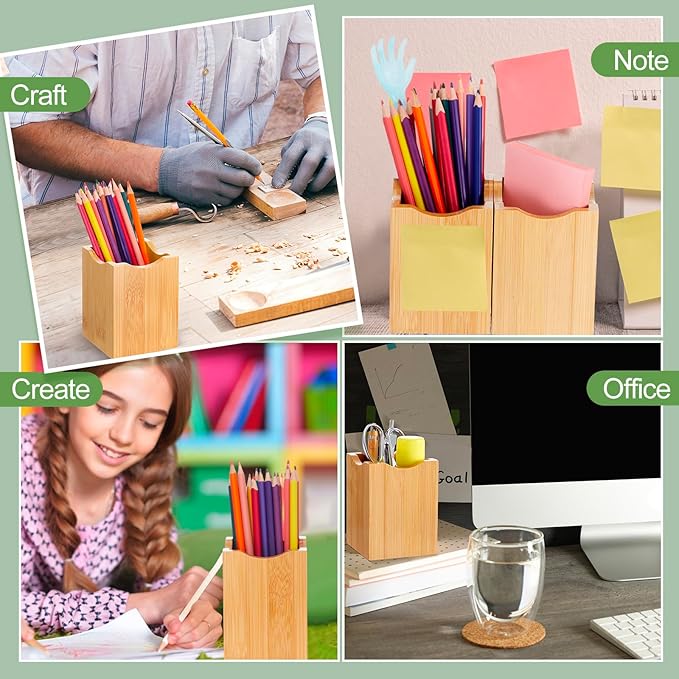 Henoyso 2 Pcs Bamboo Wood Pen Pencil Holder Square Pencil Cup Stand Makeup Organizer for Pen Holder Desk Home Office Adults(Bamboo Wood, Wavy)