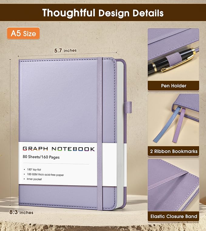 A5 Leather Hardcover Graph Paper Notebook, 160 Pages (5 Squares/Inch), 180° Lay-Flat Binding, 100 GSM Thick Paper, for Math, Engineering, Students & Technical Work (Purple)