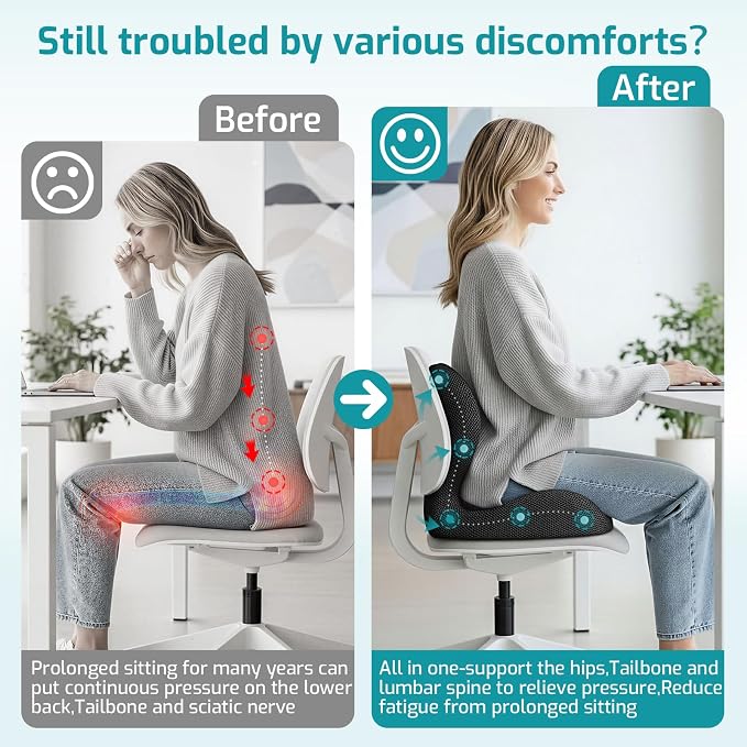 Ergonomic Seat Cushion, Office Chair Cushion with Lumbar Support Pillow, Memory Foam Seat Cushions for Office, Car, Home Chairs,Tailbone,Back Pain & Sciatica Relief,Improves Posture