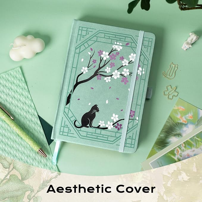 TIEFOSSI A5 Lined Journal, Cute Cat Journal for Women Girls, College Ruled Notebook with Pretty Sakura Pattern, Aesthetic Diary for Writing Journaling Drawing, Golden Edges